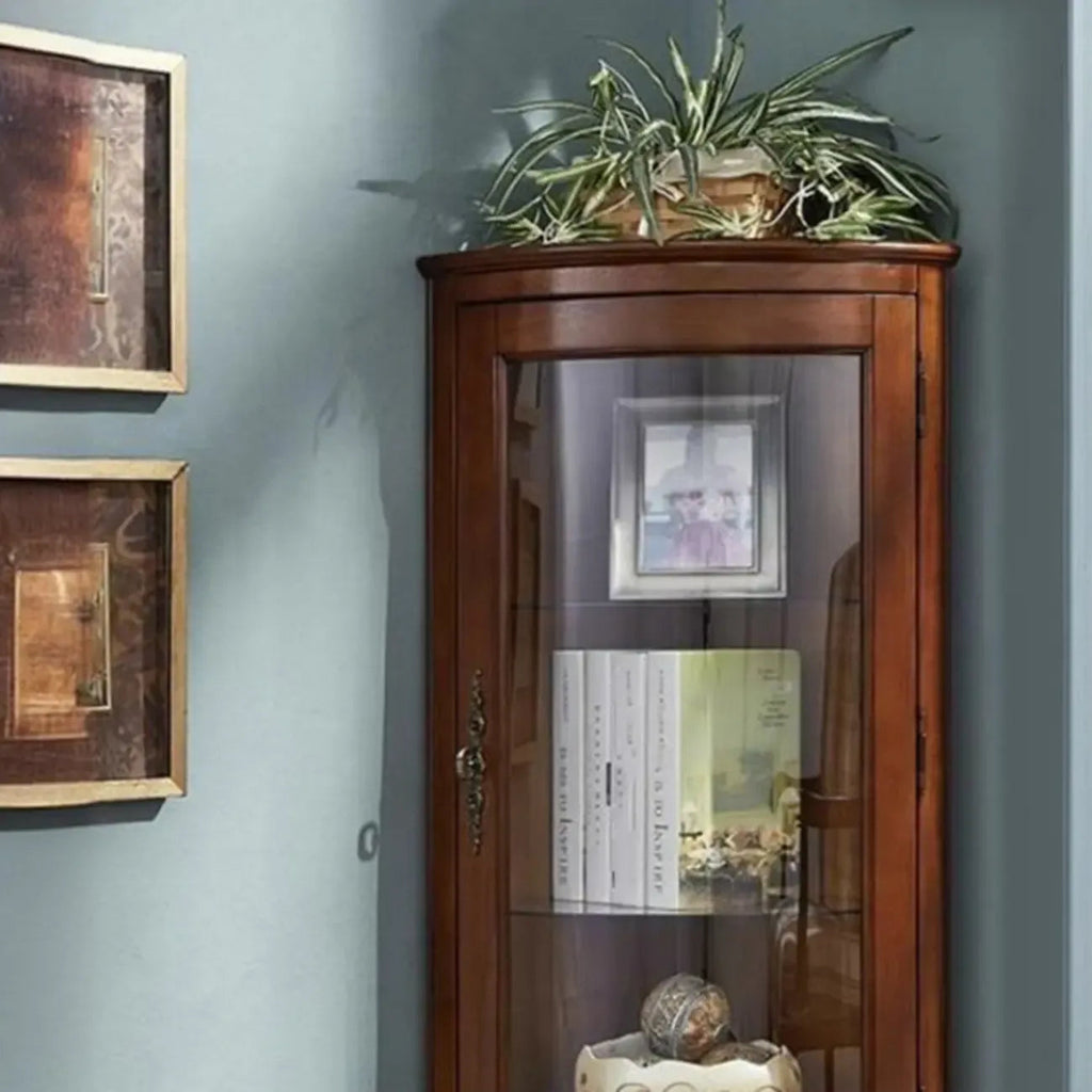 Classic Brown Rubberwood Corner Cabinet with Glass Door