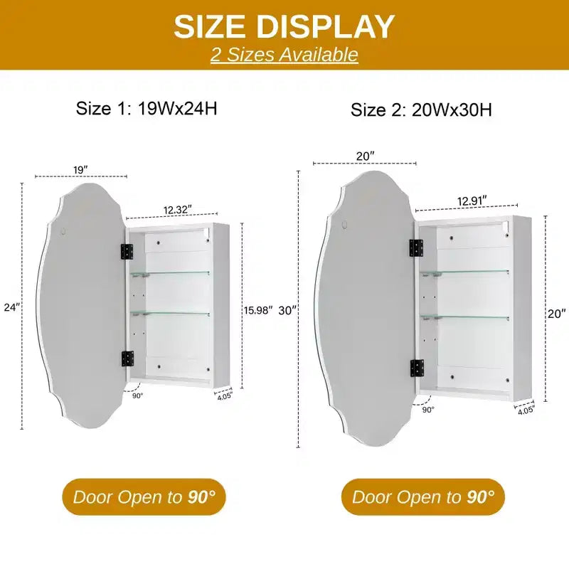 Armoire à pharmacie murale avec miroir 20 po L x 30 po H, sans cadre, biseautée, avec arc irrégulier