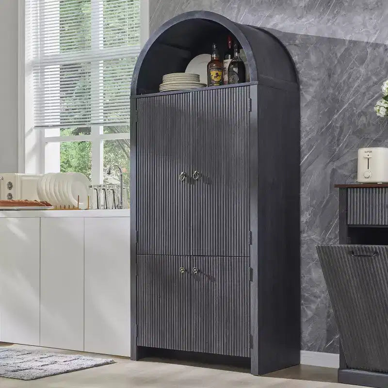 71 Tall Arched Kitchen Pantry, Modern Storage Cabinet with 3 Adjustable Shelves, 6 Door Shelves, for Kitchen, Living Room