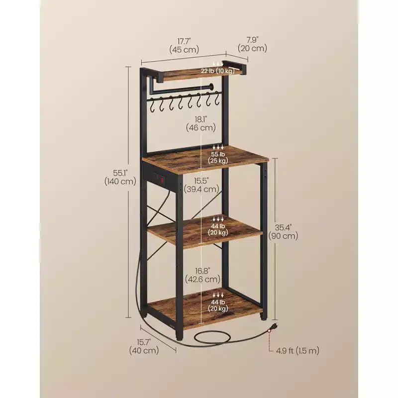 VASAGLE Étagère de Cuisine 4 Niveaux avec Prise Électrique, Meuble de Rangement pour Café avec 8 Crochets en S, Support Micro-Ondes, Étagère Réglable