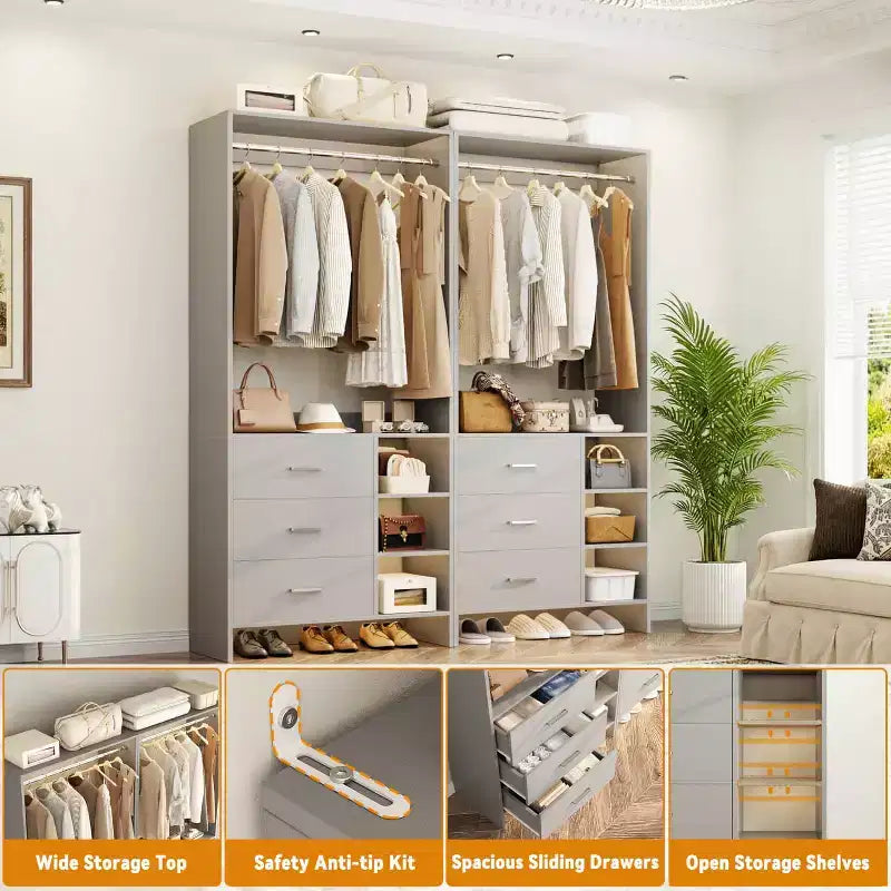 Besiost Set of 4 Closet Organizer with Wooden Drawers and Hanging Rods