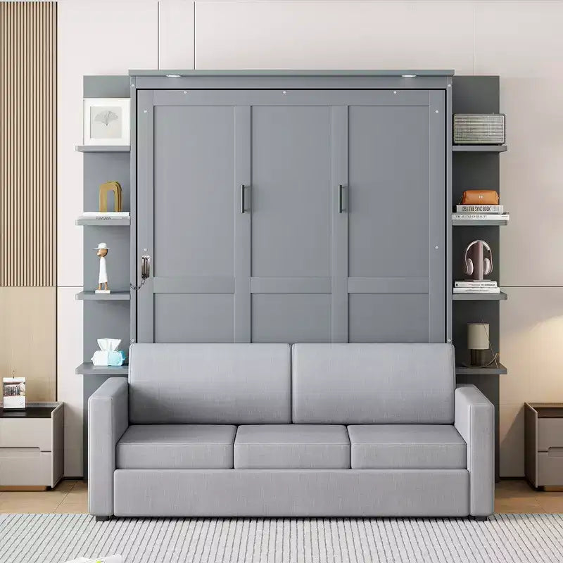 Queen Murphy Bed Wall Bed with Sofa, Queen Size Cabinet Bed Folding Wall Bed with Bookshelf and Shelves for Guest Room Office