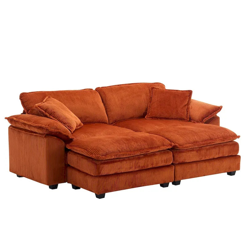 Canapé 2 places moderne en velours côtelé avec 4 coussins de soutien et 2 poufs