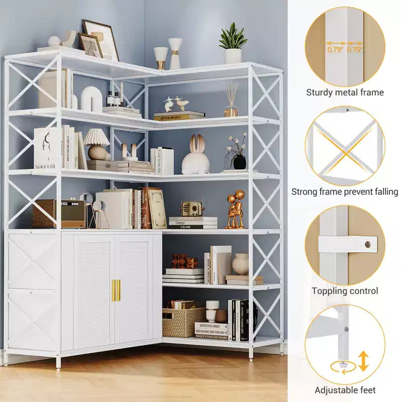 Corner Bookshelf - 6 Tier Corner Book Shelf with Storage, Farmhouse L Shaped Book-Shelf with Cabinet, Modern Industrial Bookcase for Home Office