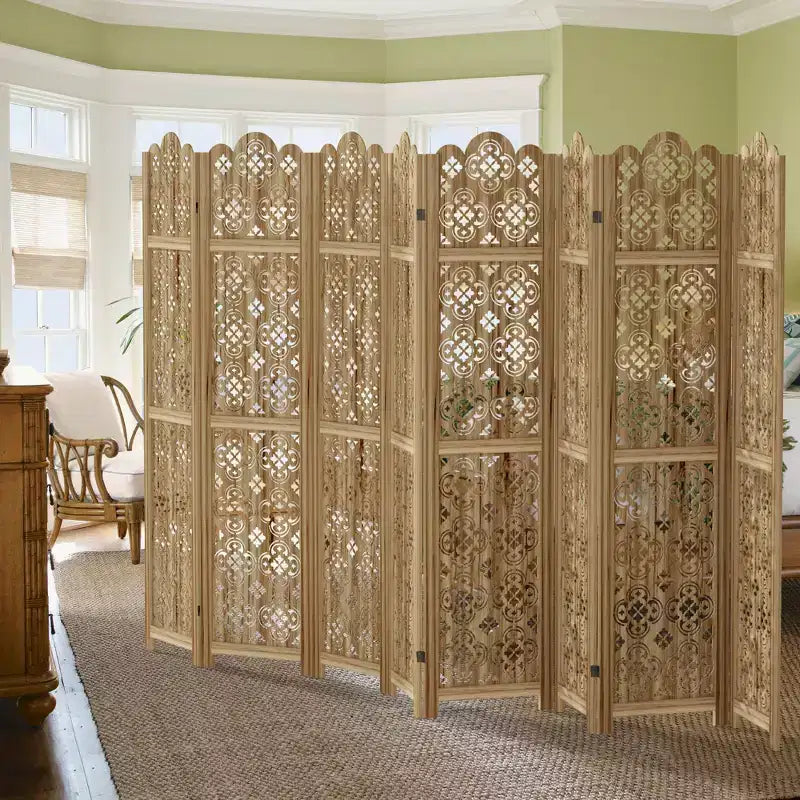 Carved Room Divider Folding Screen Room Divider with Copper Coin Pattern for Home Office Garden Terrace Paulownia Wood