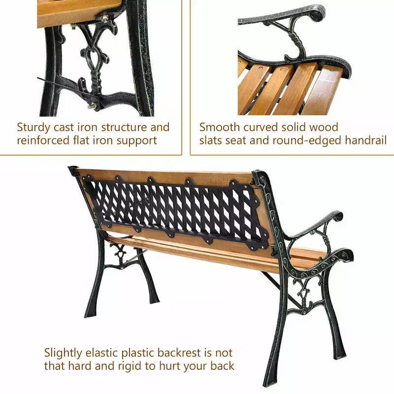 Costway 49 1/2 Patio Park Garden Bench Porch Path Chair Outdoor Deck Cast Iron Hardwood