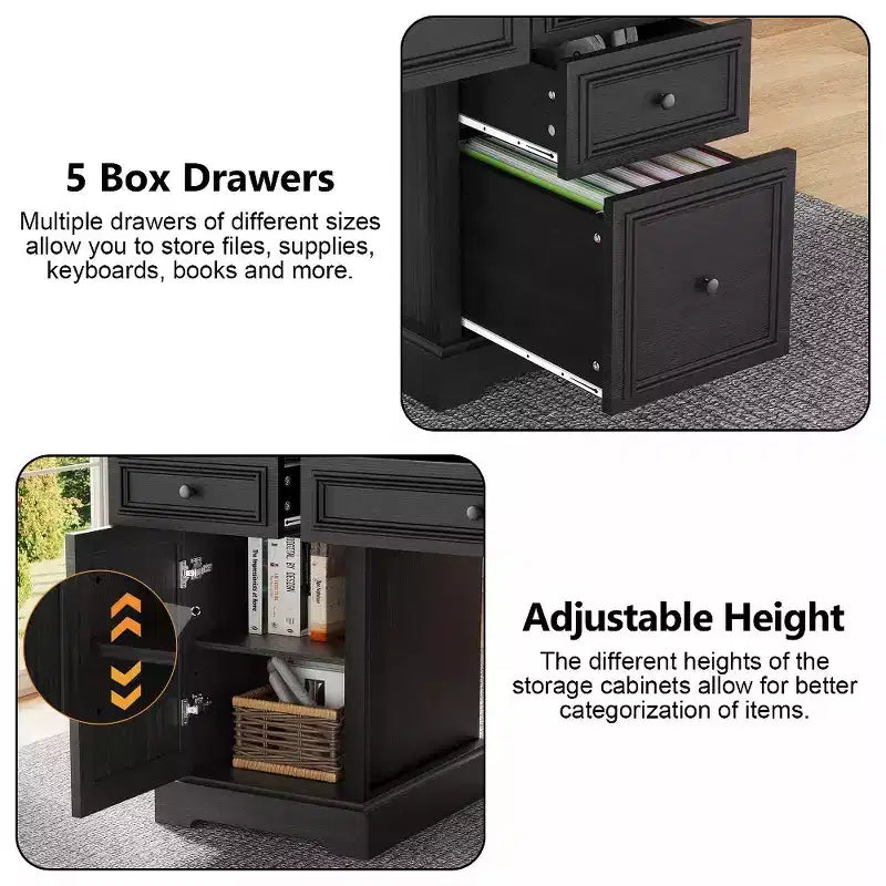 Bureau exécutif 60 po de style campagnard pour bureau à domicile – Bureau d'écriture en bois avec tiroirs, rangement d'armoire, bureau rustique pour le travail et les études