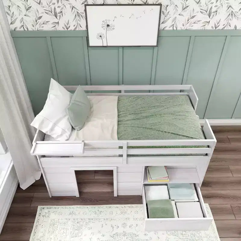 Max & Lily Modern Farmhouse Low Loft Bed with Storage Drawer, Solid Wood Bed for Kids