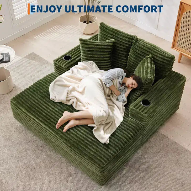 Corduroy 3-Seat Lounge Sofa with Cup Holders & Charging Ports