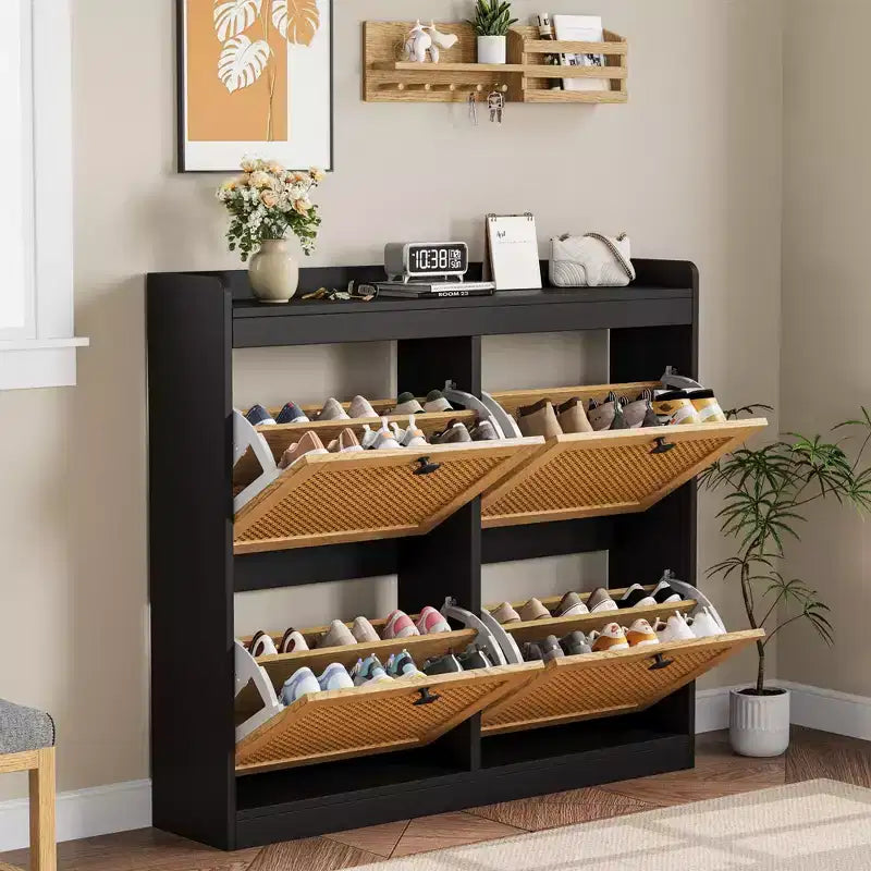 Meuble à Chaussures avec 4 Tiroirs Basculants, Meuble à Chaussures en Bois avec Portes en Rotin et Étagères Réglables - Organisateur de Chaussures Autonome