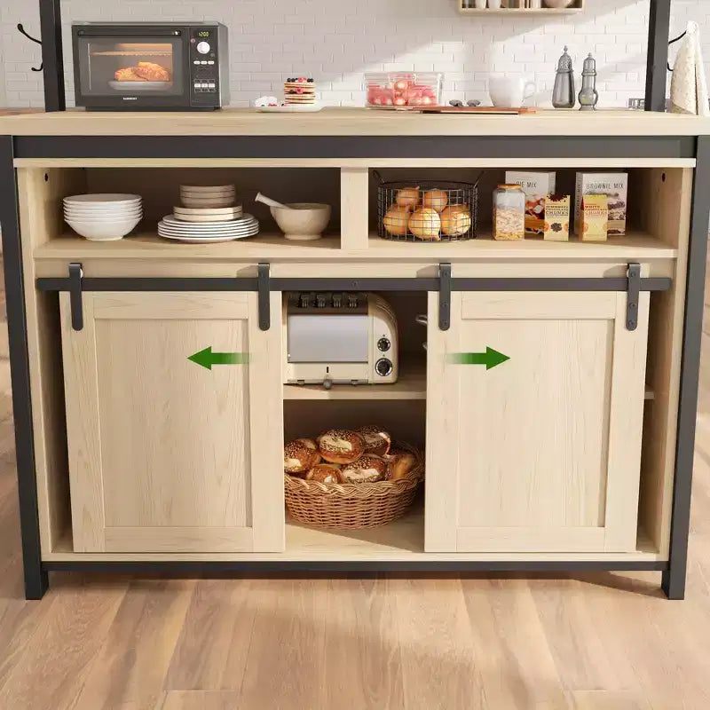 Îlot de cuisine, étagère de boulanger avec porte coulissante de style grange, îlot de cuisine large de 42 po avec support à micro-ondes à 3 niveaux, étagères pour four et table de bar à café