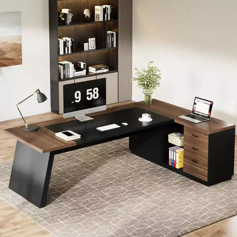 Lantine Modern 78 L-Shaped Executive Desk with Drawers and Lateral File Cabinet