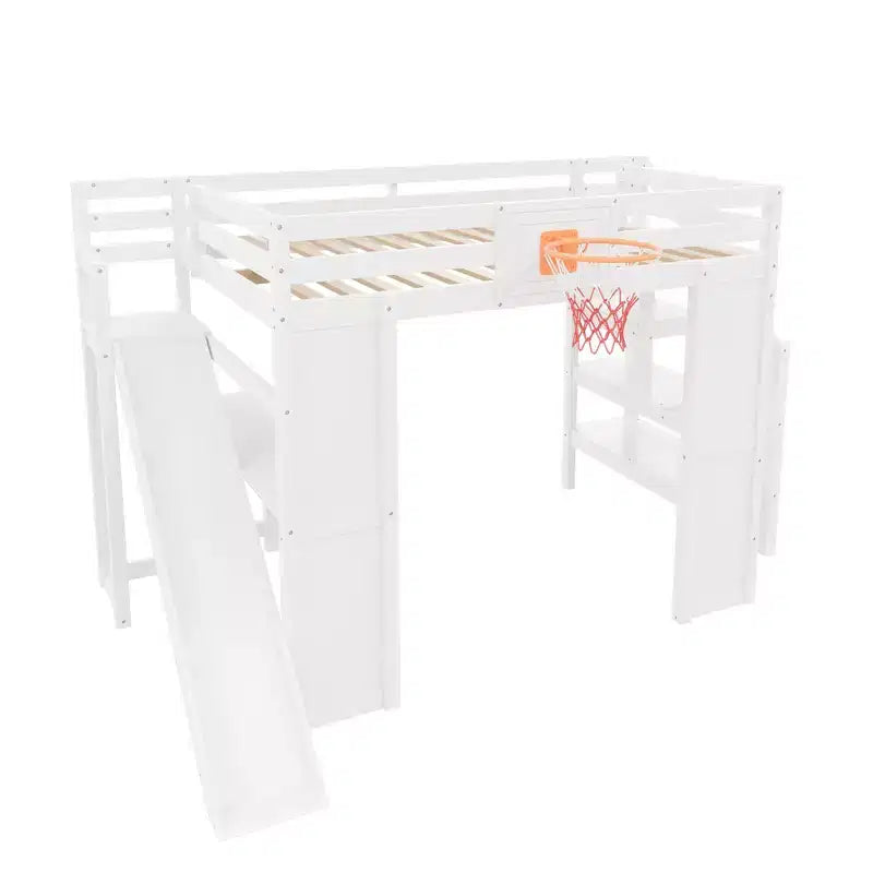 Luxystar Full Wooden Loft bed with Desk, Slide, Basketball hoop and Storage Staircase for Kids and Teens