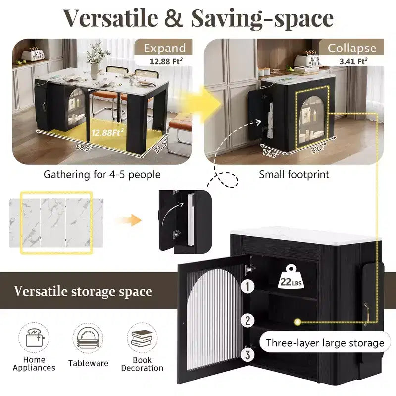 Whisen Extendable Dining Table, Mobile Rolling Island Table with 3 Removable Middle Leaves, Storage Cabinet