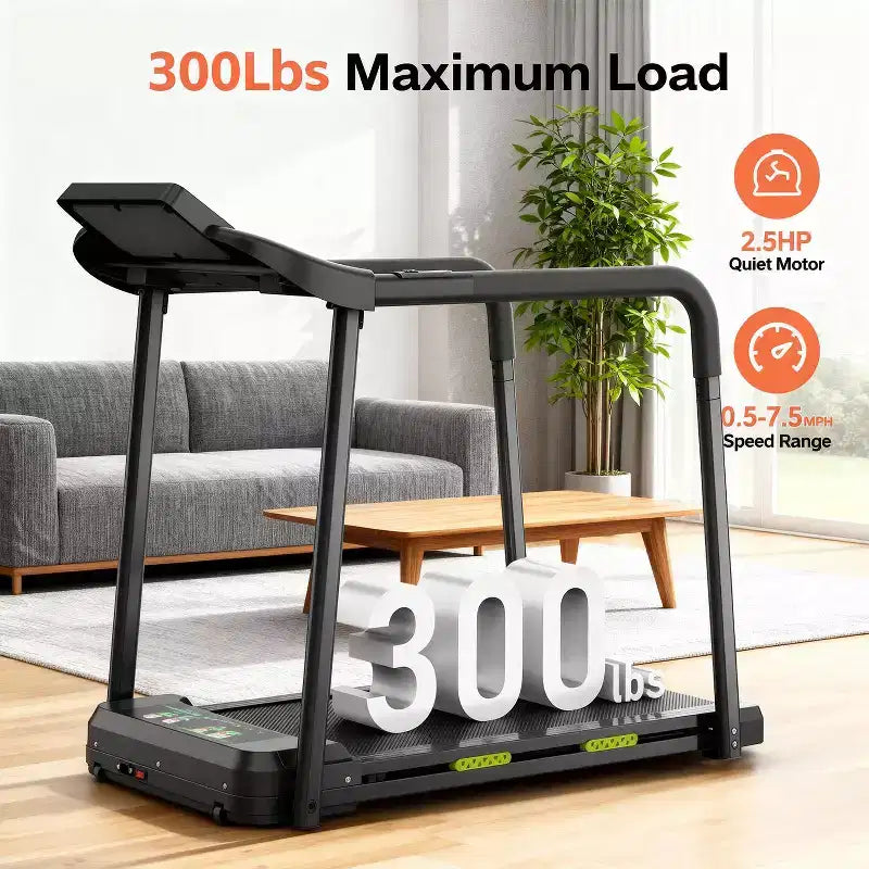 Foldable Walking Pad Treadmill for Seniors, Safe Stable Design with Long Handrail, Large LED Display, 300Lbs Weight Capacity