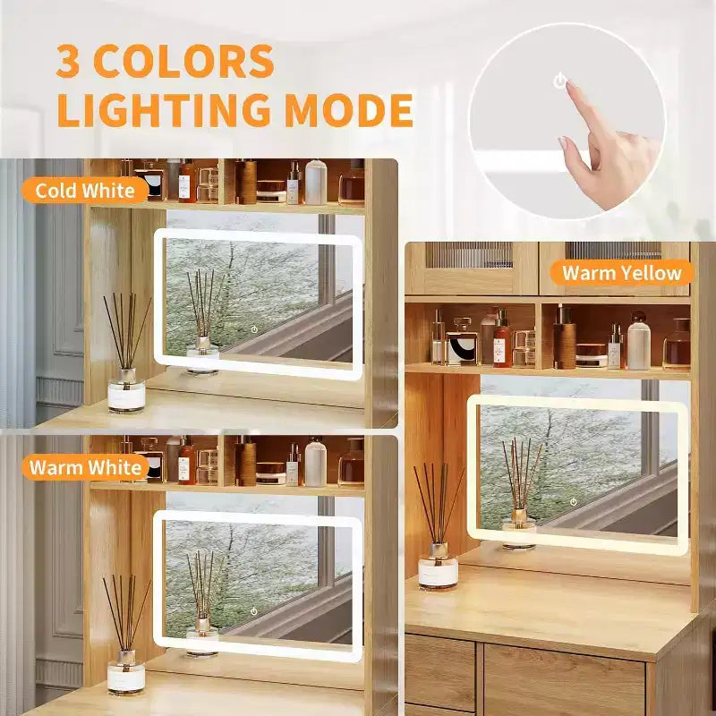 3-in-1 Makeup Vanity Desk with Lighted Mirror, Compact Vanity Table with Drawers, Storage Compartment & Rolling Stool for Bedroom