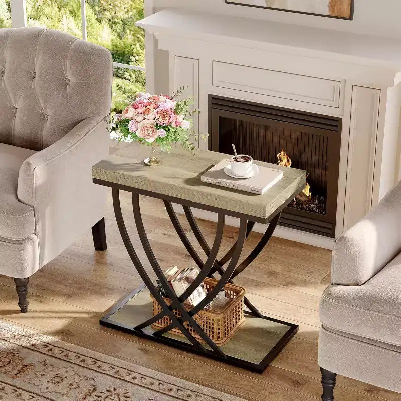 Lantine Side Table, 2-Tier Narrow End Table for Living Room, Industrial Bedside Tables with Metal Frame for Bedroom, Sofa Couch, Small Spaces, Grey