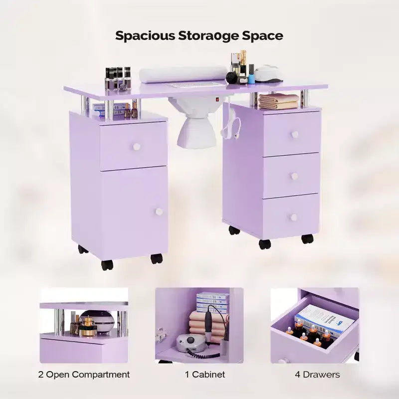 42.5 in. White MDF 3-Drawer Manicure Table Nail Desk with Storage, Doors, Electric Dust Collector