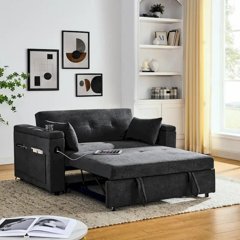 54 Pull-Out Sleeper Sofa Bed, 2 Seat Recliner Sofa Bed with Storage, Lumbar Pillow, USB Power Outlet