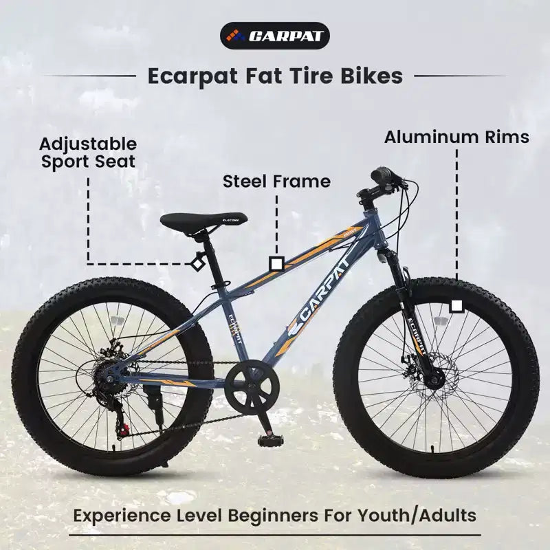 Okak 24IN Fat Tire Bike with Front Suspension, 7-Speed Mountain Bike with Disc Brake and High-Carbon Steel Frame, Trail Bike for Commuting