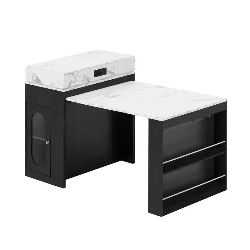 Whisen Extendable Dining Table, Mobile Rolling Island Table with 3 Removable Middle Leaves, Storage Cabinet