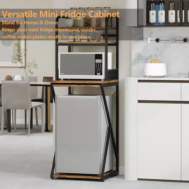 Mini Fridge Stand with Storage Shelf, Free-Standing Wooden Coffee Bar Cabinet with Power Outlet, Utility Microwave Stand, Coffee Bar Organizer