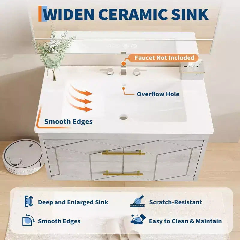 Modern Floating Bathroom Vanity Set with Basin - Wall-Mounted Cabinet with Soft-Close Storage Drawer and Gold Handle, 24 or 30 Size