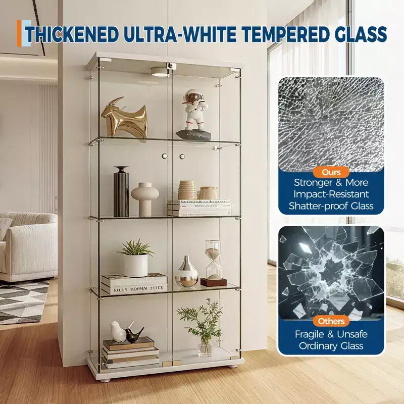 4-Tier Tempered Glass Display Cabinet, Full-Glass Curio Case with LED Lights & Human Body Sensor, Storage Cabinet for Collectibles & Decor