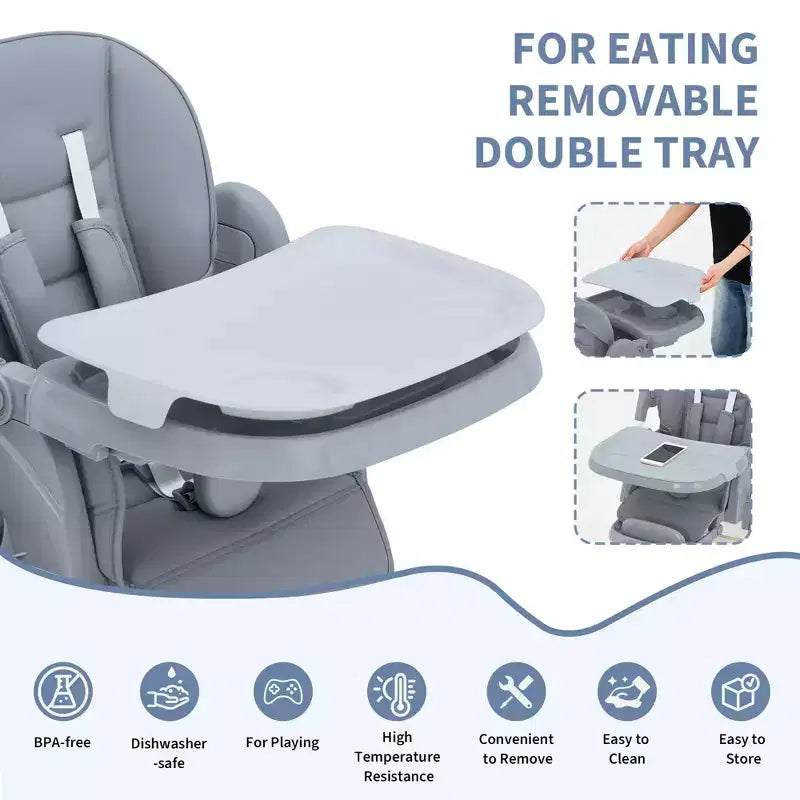 Foldable High Chair for Babies&Toddlers,PU Leather Highchair with Adjustable Backrest,Seat Height,Removable Tray,5-Point Safety Harness&Locking Wheels