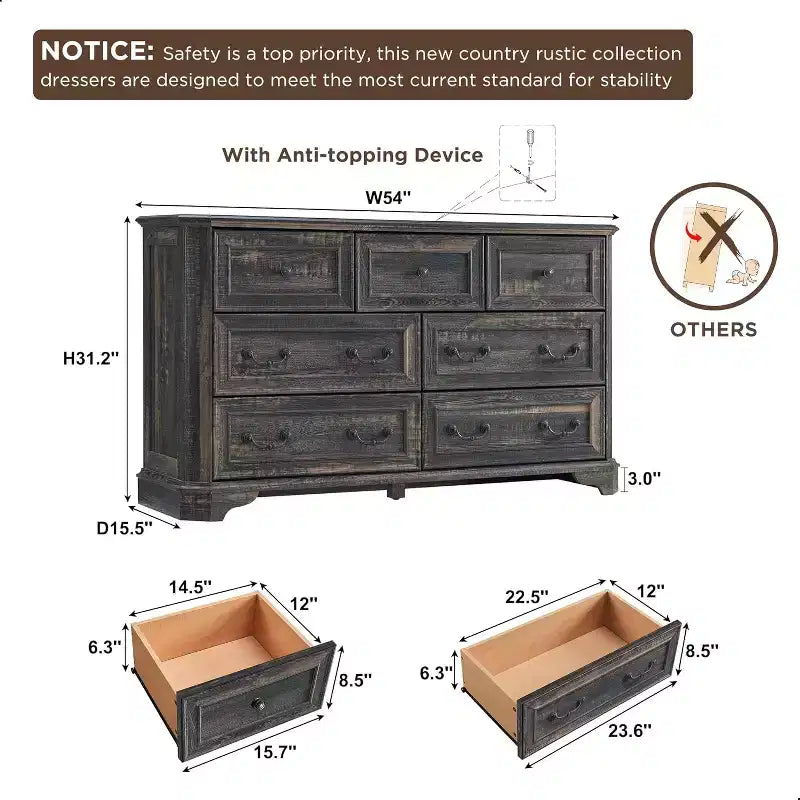 54 7-Drawer Dresser for Bedroom, Vintage Rustic Wide Chest of Drawers for Living Room & Hallway