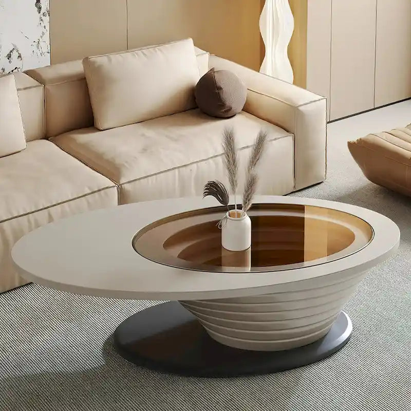 Table basse ovale en verre, style moderne et minimaliste, base grise, 130 cm - L 130 cm l 65 cm H 36,5 cm