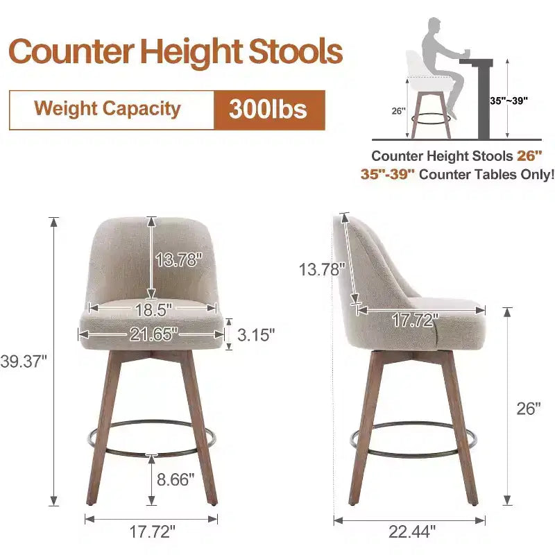 Lot de 4 tabourets de bar pivotants à hauteur de comptoir Bekrvio 26 po avec dossiers et pieds en bois, tabourets de bar rembourrés en tissu lin/similicuir pour îlot de cuisine
