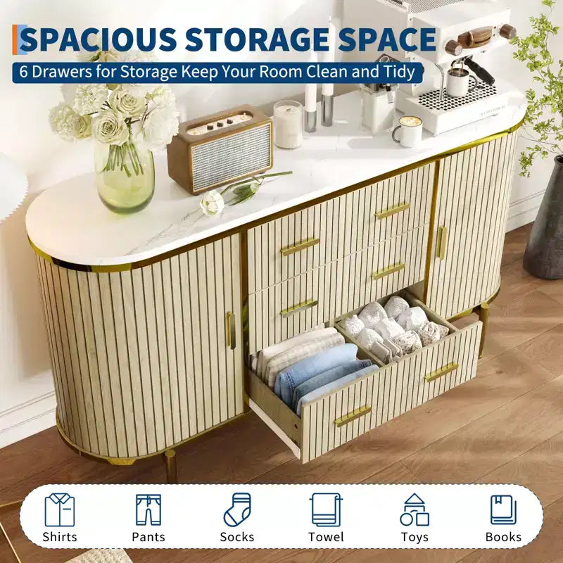 59in Farmhouse Fluted Sideboard Buffet Cabinet, Media TV Console Table with 6 Drawers & 2 Sliding Doors, Versatile Storage Cabinet for Living Room
