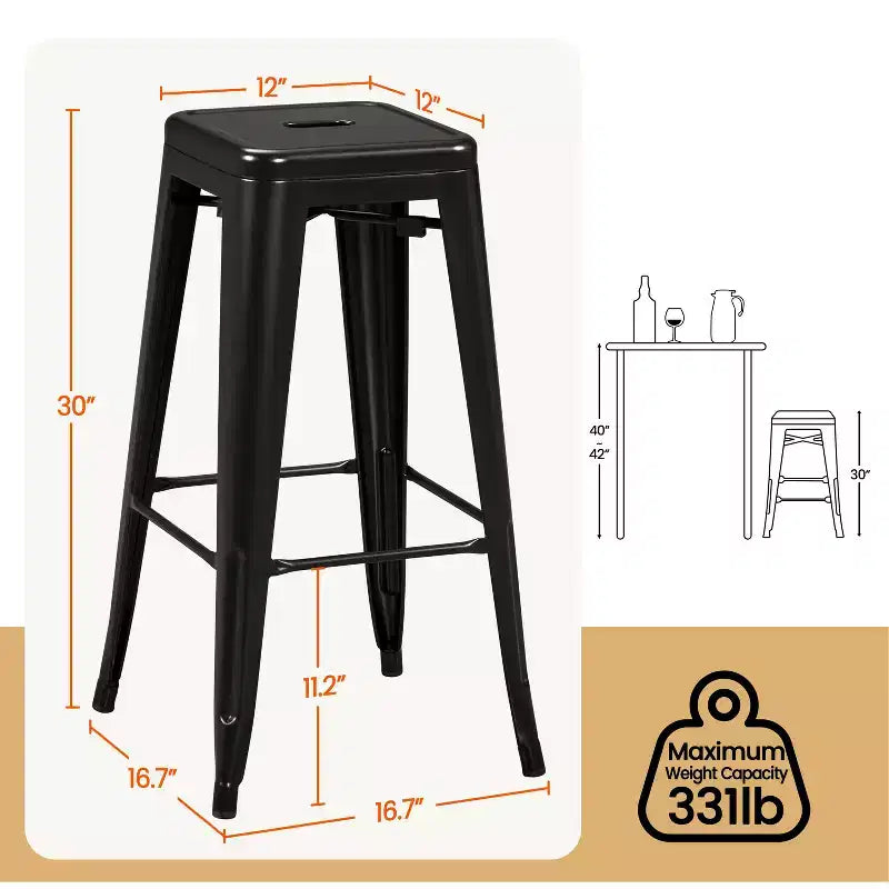 Yaheetech Set of 4 Metal Backless Counter Height Bar Stools Stackable Chairs