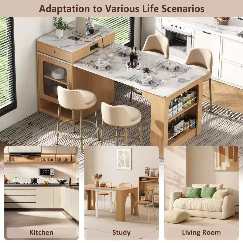 59.5 Kitchen Island with Extendable Dining Table, Double-Sided Storage & Power Outlet, Natural