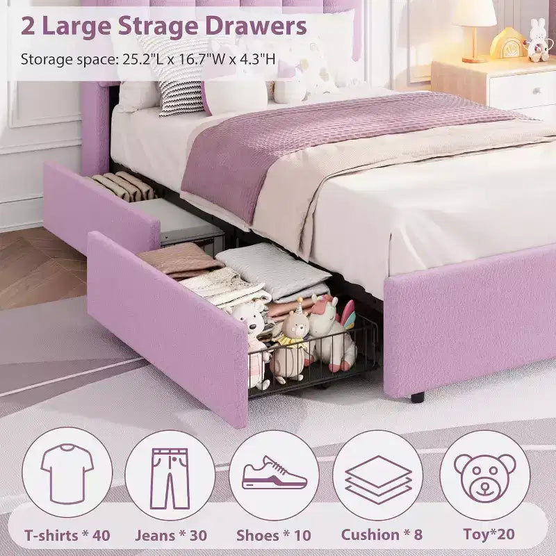 Bed frame with storage headboard, childrens bed frame with 2 drawers, fabric upholstered platform bed, contoured headboard with bookshelf