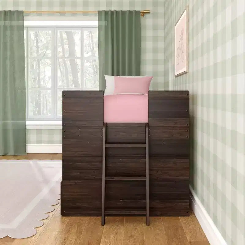 Max & Lily Modern Farmhouse Low Loft Bed with Storage Drawer, Solid Wood Bed for Kids