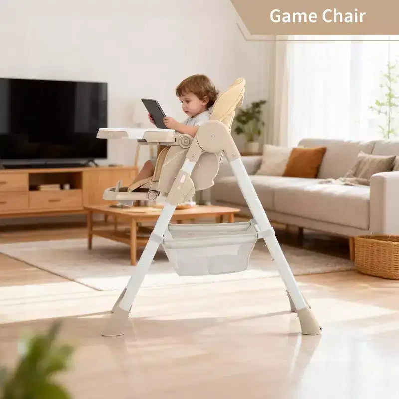 Foldable High Chair for Babies&Toddlers,PU Leather Highchair with Adjustable Backrest,Seat Height,Removable Tray,5-Point Safety Harness&Locking Wheels
