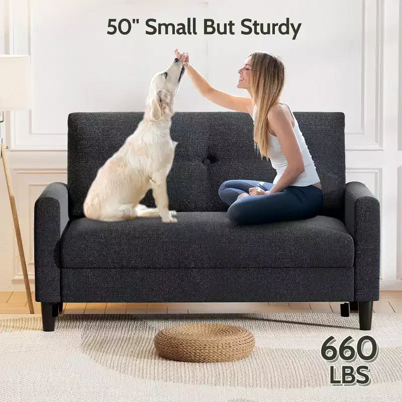 Dyonery 50 Loveseat Sofa, 2-Seater Love Seat for Office & Small Spaces, 24 Deep Seat, FSC Solid Wood Frame, Tool-Free Assembly