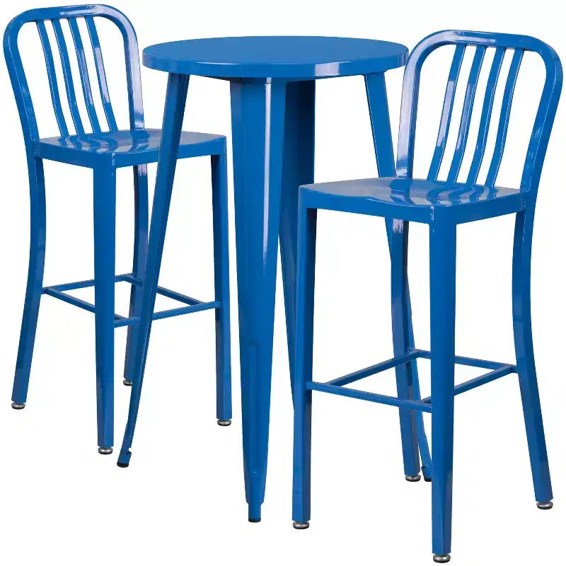 Flash Furniture Commercial Grade 24 Round Metal Indoor-Outdoor Bar Table Set with 2 Vertical Slat Back Stools