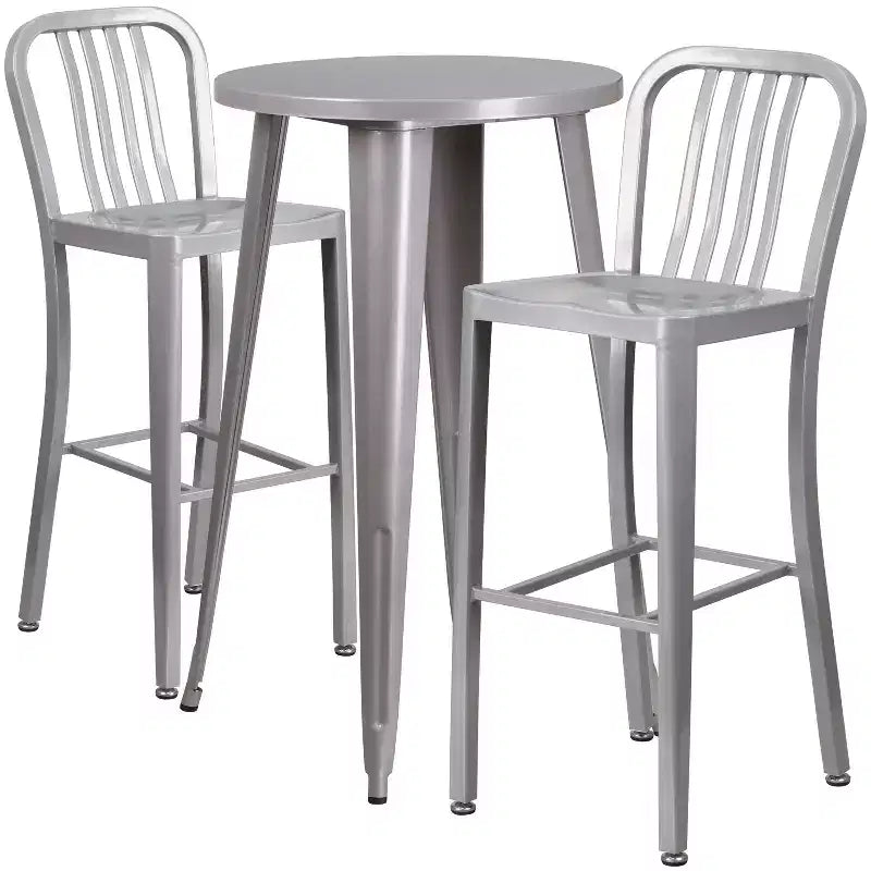 Flash Furniture Commercial Grade 24 Round Metal Indoor-Outdoor Bar Table Set with 2 Vertical Slat Back Stools