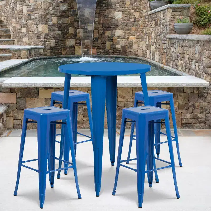 Ensemble table de bar ronde en métal de 76 cm de diamètre, qualité commerciale, pour intérieur et extérieur, avec 4 tabourets carrés sans dossier de Flash Furniture