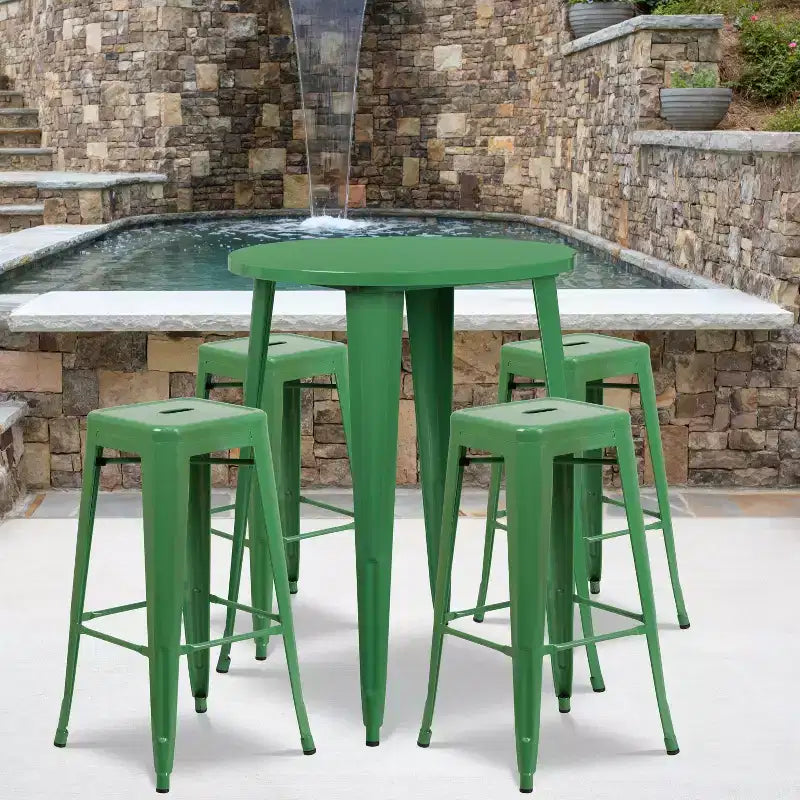 Ensemble table de bar ronde en métal de 76 cm de diamètre, qualité commerciale, pour intérieur et extérieur, avec 4 tabourets carrés sans dossier de Flash Furniture