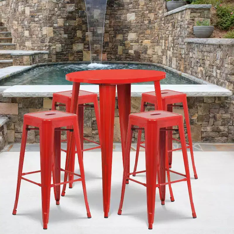 Ensemble table de bar ronde en métal de 76 cm de diamètre, qualité commerciale, pour intérieur et extérieur, avec 4 tabourets carrés sans dossier de Flash Furniture