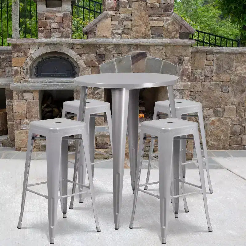 Ensemble table de bar ronde en métal de 76 cm de diamètre, qualité commerciale, pour intérieur et extérieur, avec 4 tabourets carrés sans dossier de Flash Furniture