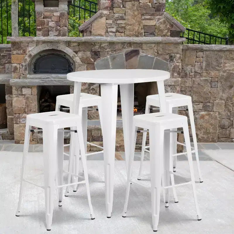 Ensemble table de bar ronde en métal de 76 cm de diamètre, qualité commerciale, pour intérieur et extérieur, avec 4 tabourets carrés sans dossier de Flash Furniture