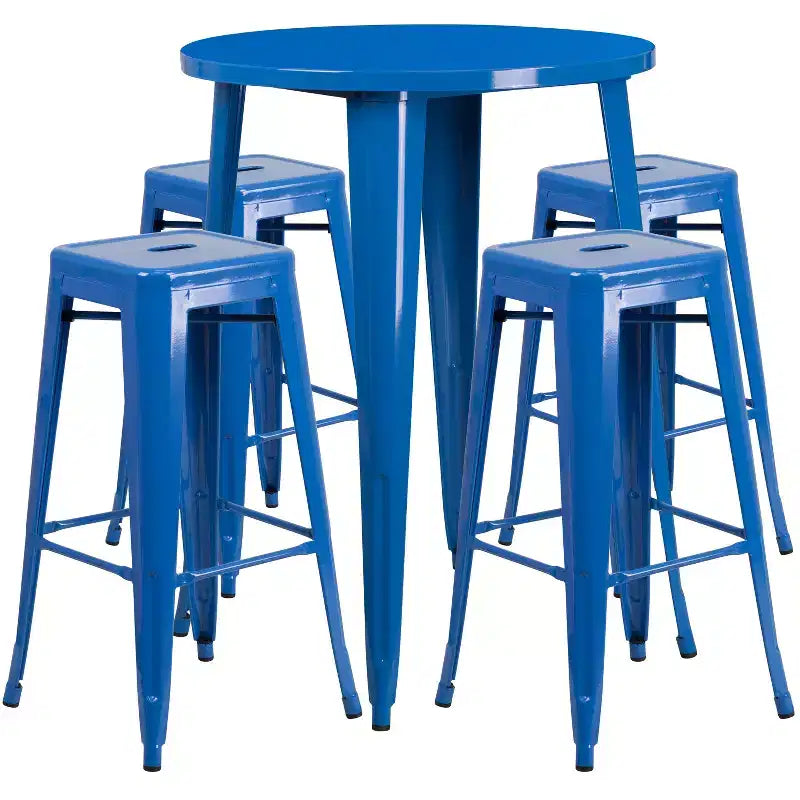 Flash Furniture Commercial Grade 30 Round Metal Indoor-Outdoor Bar Table Set with 4 Square Seat Backless Stools