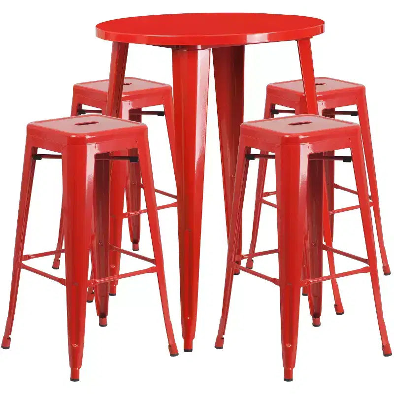 Flash Furniture Commercial Grade 30 Round Metal Indoor-Outdoor Bar Table Set with 4 Square Seat Backless Stools