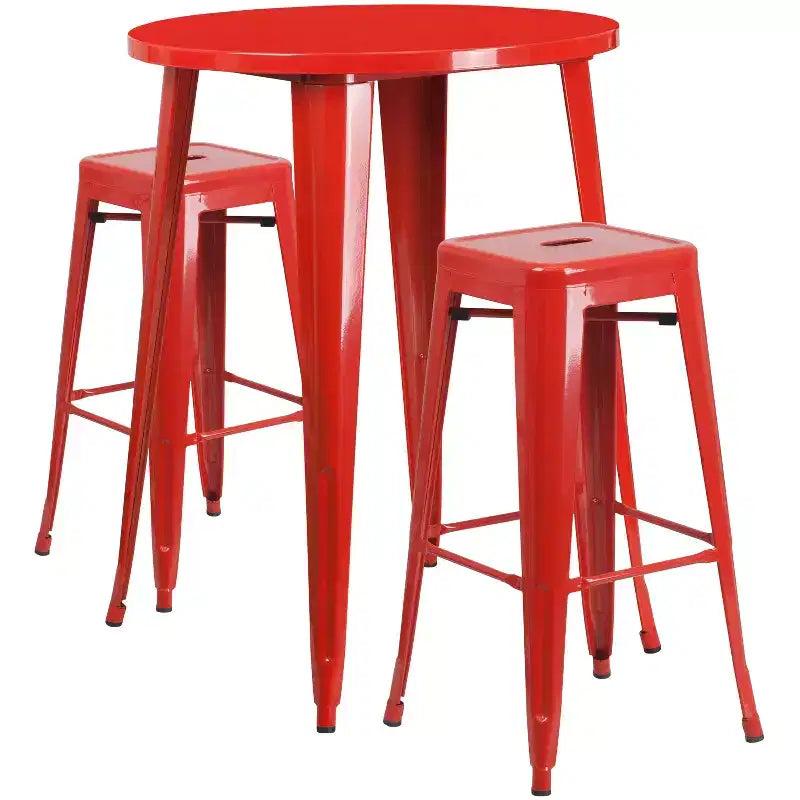 Flash Furniture Commercial Grade 30 Round Metal Indoor-Outdoor Bar Table Set with 2 Square Seat Backless Stools