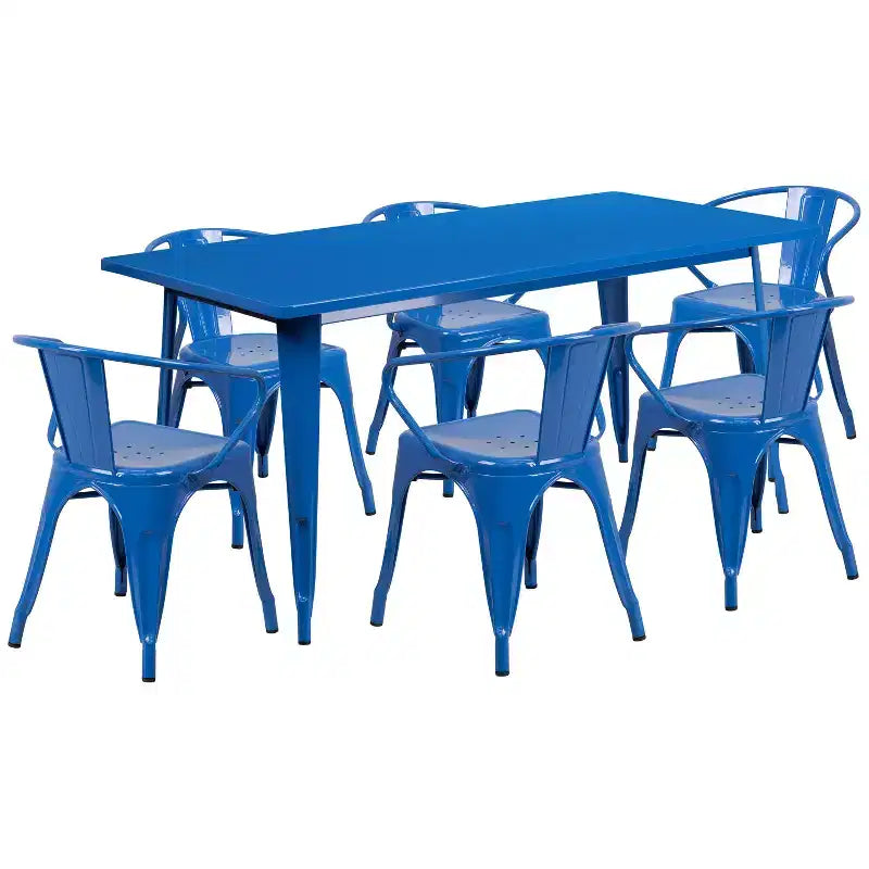Flash Furniture Commercial Grade 31.5 x 63 Rectangular Metal Indoor-Outdoor Table Set with 6 Arm Chairs